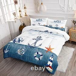 Nautical Comforter Set for Kids and Adults Size Anchor Rudder Queen Dark Blue