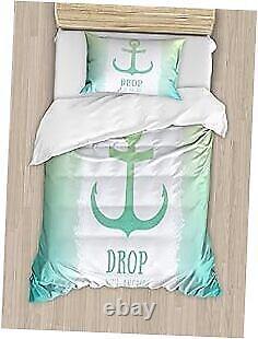 Nautical Duvet Cover Set, Anchor Illustration Striped 2 Colored Background