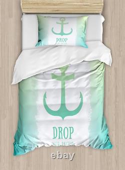 Nautical Duvet Cover Set, Anchor Illustration Striped 2 Colored Background Stabi