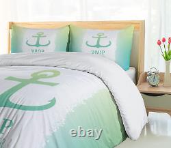 Nautical Duvet Cover Set, Anchor Illustration Striped 2 Colored Background Stabi