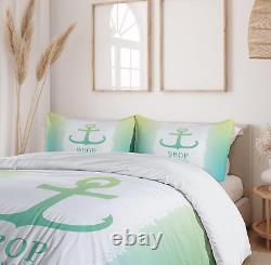 Nautical Duvet Cover Set, Anchor Illustration Striped 2 Colored Background Stabi