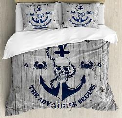 Nautical Duvet Cover Set with Pillow Shams Anchor Skull Rope Sea Print
