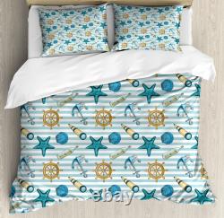 Nautical Duvet Cover Set with Pillow Shams Anchor Wheel Starfish Print