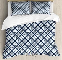 Nautical Duvet Cover Set with Pillow Shams Anchor Windrose Icons Print