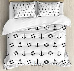 Nautical Duvet Cover Set with Pillow Shams Anchors and Lifebuoys Print
