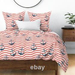 Nautical Stripe Anchors Wavy Lines Red And White Sateen Duvet Cover by Roostery