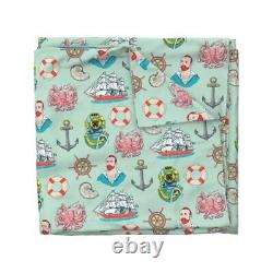 Nautical Tattoo Mint Sailor Ship Octopus Anchor Sateen Duvet Cover by Roostery