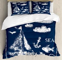 Navy Blue Duvet Cover Set Boat Clouds Anchor