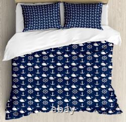 Navy Blue Duvet Cover Set with Pillow Shams Maritime Anchor Whale Print