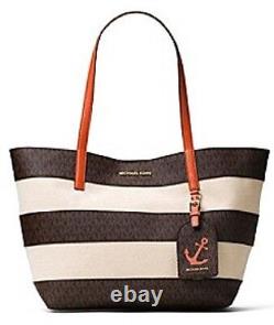 New Michael Kors Stripe Canvas Large East West Tote Brown Orange bag anchor hang