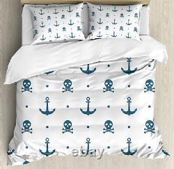 Ocean Duvet Cover Set with Pillow Shams Anchors and Skulls Bones Print