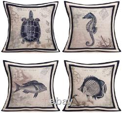 Ocean Marine Life Pillow Covers Cotton Linen Sea Theme & Beach with Anchor/Sailb