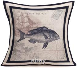 Ocean Marine Life Pillow Covers Cotton Linen Sea Theme & Beach with Anchor/Sailb