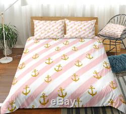 Pink White Stripe Anchor Ocean Double Single Quilt Duvet Pillow Cover Bed Set