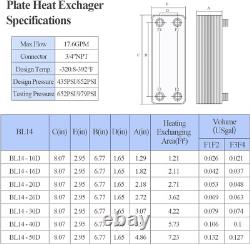 Plate Heat Exchanger, 3X8 20 Plates Water to Water Heat Exchanger, Copper/Ss31