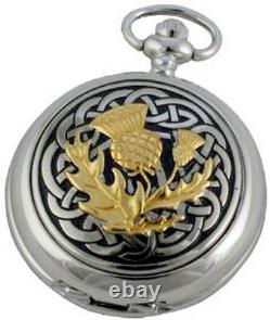 SCOTTISH THISTLE MECHANICAL SILVER POCKET WATCH Pewter Cover AEW UK ENGRAVABLE