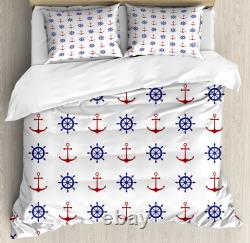Sealife Duvet Cover Set with Pillow Shams Anchors and Ship Wheels Print