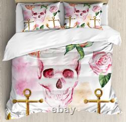 Skull Duvet Cover Set with Pillow Shams Anchor Roses Peony Art Print