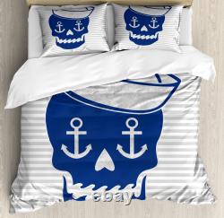 Skull Duvet Cover Set with Pillow Shams Anchor and Captains Hat Print