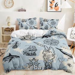 Striped Floral Anchor Blue Ship Boat Sea Dolphin Doona Duvet Quilt Cover Bed Set