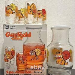 Vintage 1978 Anchor Hocking Garfield 5 Piece 4 Glasses Pitcher Orange Juice Set