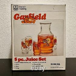 Vintage 1978 Anchor Hocking Garfield 5 Piece 4 Glasses Pitcher Orange Juice Set