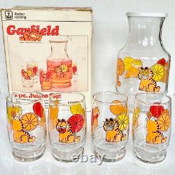 Vintage 1978 Anchor Hocking Garfield 5 Piece 4 Glasses Pitcher Orange Juice Set