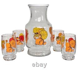 Vintage 1978 Anchor Hocking Garfield 5 Piece 4 Glasses Pitcher Orange Juice Set