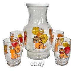 Vintage 1978 Anchor Hocking Garfield 5 Piece 4 Glasses Pitcher Orange Juice Set