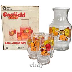 Vintage 1978 Anchor Hocking Garfield 5 Piece 4 Glasses Pitcher Orange Juice Set