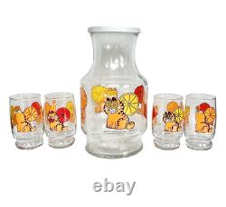 Vintage 1978 Anchor Hocking Garfield 5 Piece 4 Glasses Pitcher Orange Juice Set