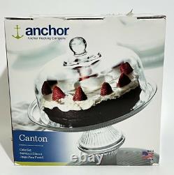 Anchor Hocking Canton Glass Punch Bowl Cake Set Plate Stand Dome Couverture Dual Utilisation