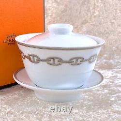 Authentique tasse à thé Hermès avec soucoupe et couvercle CHAINE D'ANCRE PLATINUM avec boîte
