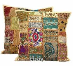 Beige Patchwork Cushion Cover Handmade Boho Indian Pillow Case Home Decor Nouveau
