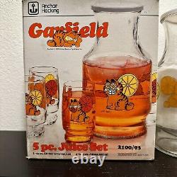 Ensemble de 5 pièces en verre Vintage 1978 Anchor Hocking Garfield avec 4 verres et un pichet à jus d'orange