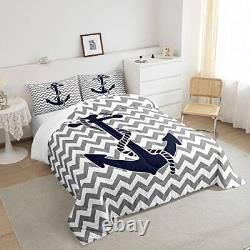 Ensemble de couette ancre nautique taille, literie à rayures grises géométriques pour lit Queen Anchor 2