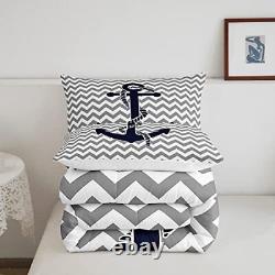 Ensemble de couette ancre nautique taille, literie à rayures grises géométriques pour lit Queen Anchor 2