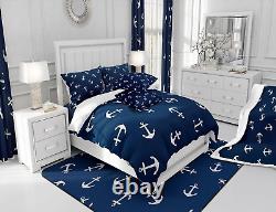 Ensemble de couette confortable Manfei Summer Anchor taille King, ensemble de literie nautique avec ancre 3 pièces