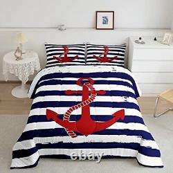 Ensemble de couette nautique avec ancre, insert de couette à rayures géométriques pour queen, ancre 1