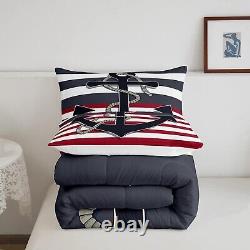 Ensemble de couette nautique avec ancre, taille twin, ensemble de literie à rayures noires et rouges 2 pièces