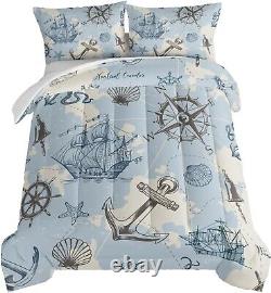 Ensemble de couette nautique stylé avec ancre pour enfants, taille double, avec 2 taies d'oreiller.