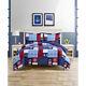 Ensemble De Couette Patchwork Marine Avec Des Ancres Nautiques Rouges En Bleu Marine En 3 Pièces Pour Lit Simple, Double, Queen Ou King.