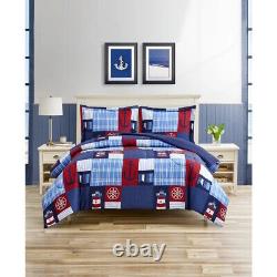 Ensemble de couette patchwork marine avec des ancres nautiques rouges en bleu marine en 3 pièces pour lit simple, double, queen ou king.