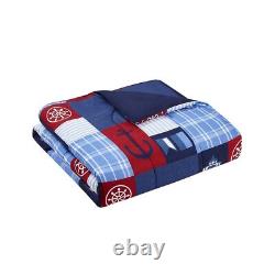 Ensemble de couette patchwork marine avec des ancres nautiques rouges en bleu marine en 3 pièces pour lit simple, double, queen ou king.