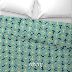 Housse de couette en satin de coton Spoonflower avec motif de pêche, bateau, poisson et ancre côtière nautique.