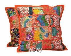 Orange Patchwork Cushion Cover Handmade Boho Indian Pillow Case Home Décor Nouveau